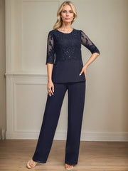 Jumpsuit/Pantsuit Separates Scoop Floor-Length Chiffon Lace Mother of the Bride Dress With Sequins