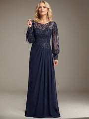 Sheath/Column Scoop Illusion Floor-Length Lace Chiffon Mother of the Bride Dress With Pleated Sequins