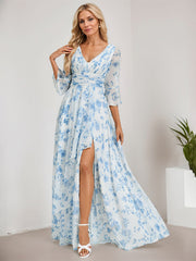 A-line V-Neck Floor-Length Chiffon Mother of the Bride Dress With Cascading Ruffles
