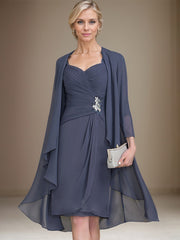 Sheath/Column Sweetheart Knee-Length Chiffon Mother of the Bride Dress With Beading Appliques Lace Sequins Pleated