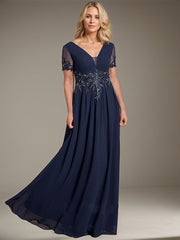 A-line V-Neck Floor-Length Chiffon Mother of the Bride Dress With Appliques Lace