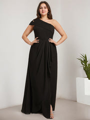 Sheath/Column Cold Shoulder One Shoulder Floor-Length Chiffon Evening Dress With Cascading Ruffles