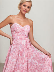 STRAPLESS A-LINE FLORAL CHIFFON DRESS