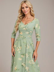 A-line V-Neck Tea-Length Chiffon Mother of the Bride Dress With Pleated