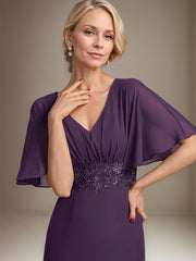 A-line V-Neck Floor-Length Chiffon Mother of the Bride Dress With Sequins Appliques Lace Pleated
