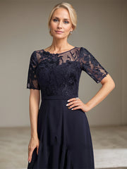 A-line Scoop Illusion Asymmetrical Lace Chiffon Mother of the Bride Dress