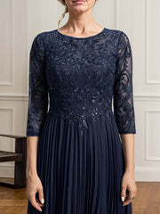 A-line Scoop Illusion Tea-Length Lace Chiffon Mother of the Bride Dress With Sequins Pleated