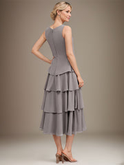 A-line Scoop Tea-Length Chiffon Mother of the Bride Dress With Cascading Ruffles