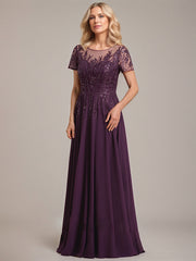 A-line Scoop Illusion Floor-Length Lace Chiffon Mother of the Bride Dress With Sequins