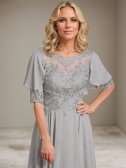 A-line Scoop Illusion Asymmetrical Chiffon Lace Mother of the Bride Dress With Beading