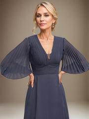 A-line V-Neck Tea-Length Chiffon Mother of the Bride Dress With Pleated
