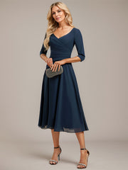 A-line V-Neck Tea-Length Chiffon Mother of the Bride Dress With Pleated