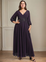A-line V-Neck Ankle-Length Lace Chiffon Mother of the Bride Dress With Sequins