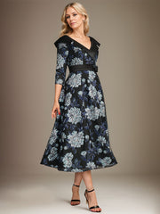 A-line V-Neck Collared Tea-Length Satin Floral Mother of the Bride Dress With Beading 3D Floral Sequins Pleated