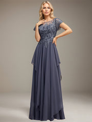 A-line Scoop Illusion Floor-Length Lace Chiffon Mother of the Bride Dress With Cascading Ruffles Sequins