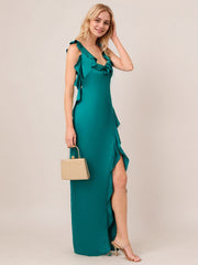 A-Line V-Neck Floor-Length Satin Evening Dress