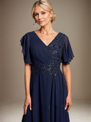A-line V-Neck Floor-Length Lace Chiffon Mother of the Bride Dress With Cascading Ruffles Sequins