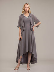 A-line V-Neck Asymmetrical Chiffon Mother of the Bride Dress With Beading Sequins