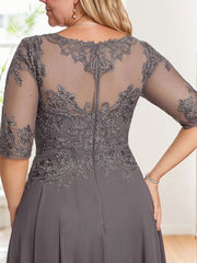 A-line Illusion Boat Neck Asymmetrical Chiffon Lace Mother of the Bride Dress With Sequins Beading