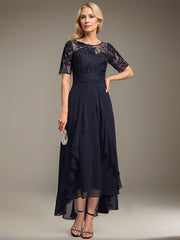 A-line Scoop Illusion Asymmetrical Lace Chiffon Mother of the Bride Dress