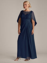 A-Line Floor-Length Boat-Neck Lace Capelet Chiffon Mother of the Bride Dress