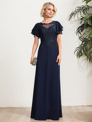 A-line Scoop Illusion Floor-Length Lace Chiffon Mother of the Bride Dress With Sequins
