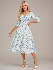 A-line V-Neck Tea-Length Chiffon Mother of the Bride Dress With Pleated