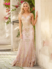 FITTED FLORAL GLITTER PRINT CORSET GOWN