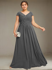 A-line V-Neck Floor-Length Chiffon Lace Mother of the Bride Dress With Sequins Beading Pleated