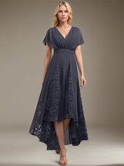 A-line V-Neck Asymmetrical Lace Chiffon Mother of the Bride Dress With Pleated