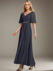A-line V-Neck Ankle-Length Chiffon Mother of the Bride Dress With Pleated Beading Sequins