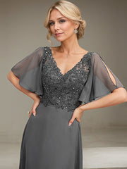 A-line V-Neck Floor-Length Chiffon Lace Mother of the Bride Dress With Sequins Beading