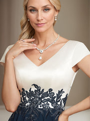 A-line V-Neck Tea-Length Satin Chiffon Mother of the Bride Dress With Appliques Lace
