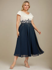 A-line V-Neck Tea-Length Satin Chiffon Mother of the Bride Dress With Appliques Lace