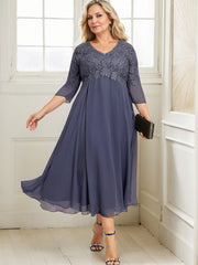 A-line V-Neck Tea-Length Chiffon Lace Mother of the Bride Dress With Beading