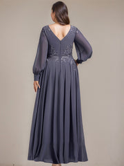 A-line V-Neck Floor-Length Chiffon Mother of the Bride Dress With Sequins Appliques Lace Pleated