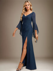 Sheath/Column V-Neck Floor-Length Chiffon Evening Dress With Pleated