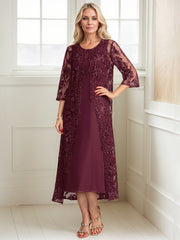 A-line Scoop Tea-Length Lace Chiffon Mother of the Bride Dress