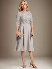 A-line Scoop Knee-Length Lace Chiffon Mother of the Bride Dress