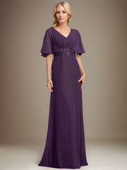 A-line V-Neck Floor-Length Chiffon Mother of the Bride Dress With Sequins Appliques Lace Pleated