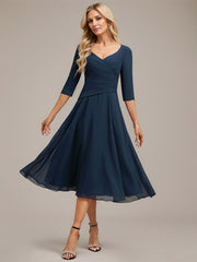 A-line V-Neck Tea-Length Chiffon Mother of the Bride Dress With Pleated