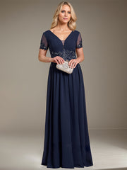 A-line V-Neck Floor-Length Chiffon Mother of the Bride Dress With Appliques Lace