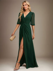 A-line V-Neck Floor-Length Chiffon Evening Dress With Pleated