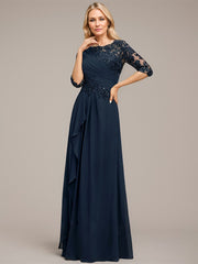A-line Scoop Floor-Length Lace Chiffon Mother of the Bride Dress With Cascading Ruffles Sequins