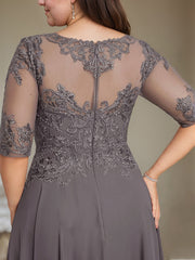 A-line Illusion Boat Neck Asymmetrical Chiffon Lace Mother of the Bride Dress With Sequins Beading