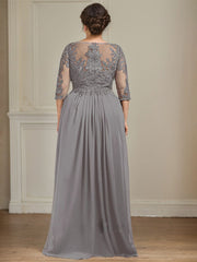 A-line Scoop Illusion Floor-Length Chiffon Lace Mother of the Bride Dress With Beading Sequins Cascading Ruffles