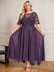 A-line Scoop Illusion Asymmetrical Lace Chiffon Mother of the Bride Dress With Sequins