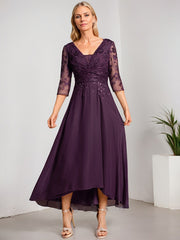 A-line V-Neck Asymmetrical Chiffon Lace Mother of the Bride Dress With Pleated Beading