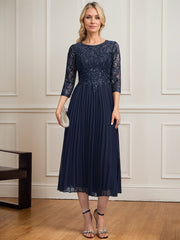 A-line Scoop Illusion Tea-Length Lace Chiffon Mother of the Bride Dress With Sequins Pleated