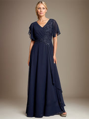 A-line V-Neck Floor-Length Lace Chiffon Mother of the Bride Dress With Cascading Ruffles Sequins